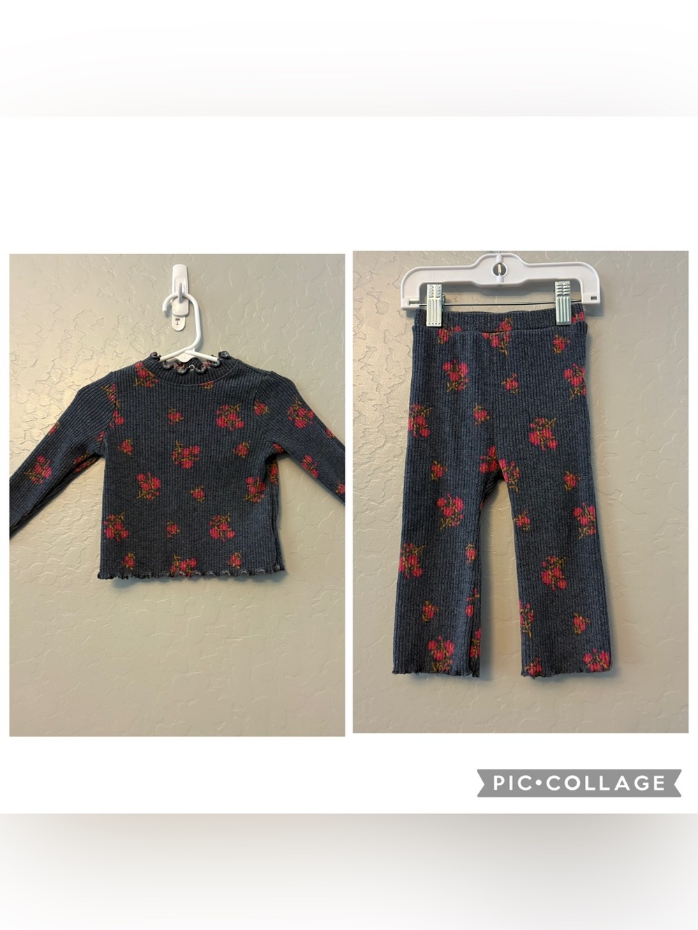 Old Navy navy floral plush ribbed long sleeve top and flare pant set 12-18 month